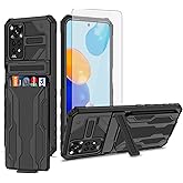 Asuwish Phone Case for Xiaomi Redmi Note 11S/11 4G with Tempered Glass Screen Protector Cover and Slim Credit Card Holder Stand Slot Kickstand Cell Accessories Redme Note11 S Note11S Women Men Black