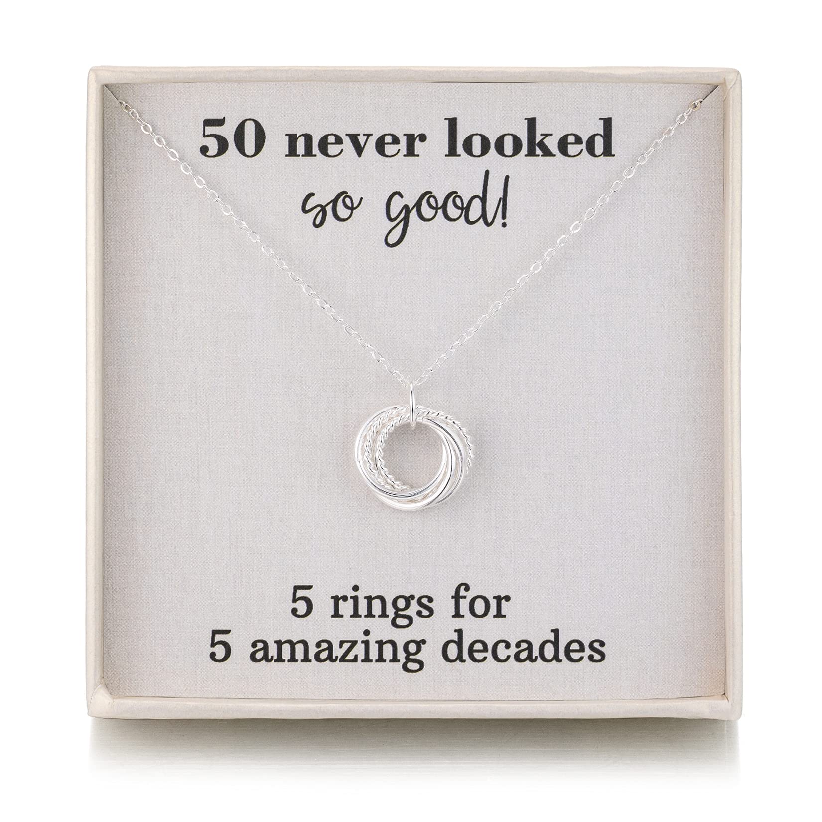 RareLove 50th Birthday Gifts For Women,925 Sterling Silver 5 Rings Necklace 50 Birthday Best Friend Gift,Birthday Gifts for Her Wife,Five Rings for Five Decades Jewellery