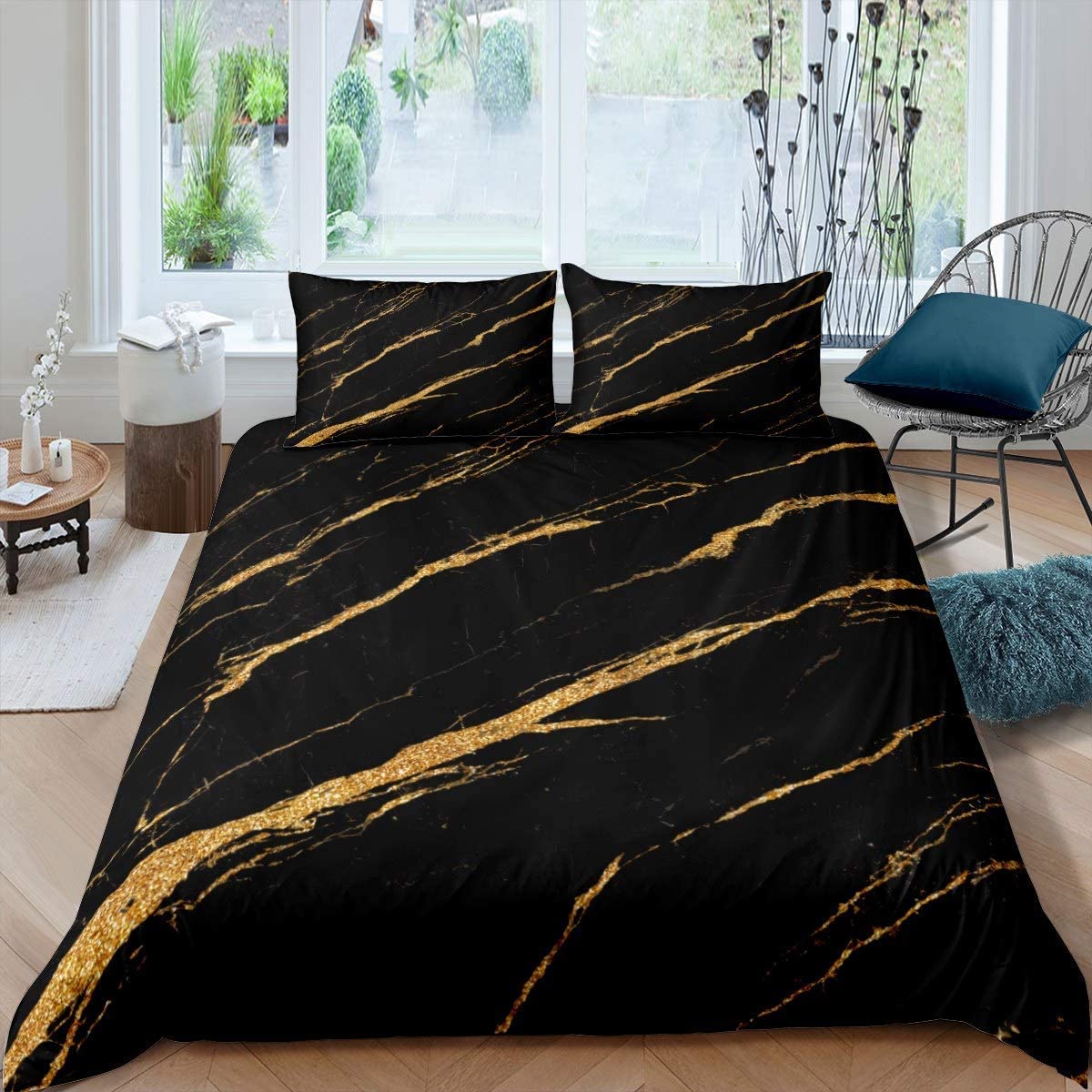 Black And Gold Marble Duvet Cover Set Modern Linen Bedding Set For Kids Teens Women Men Abstract Art Bedding And