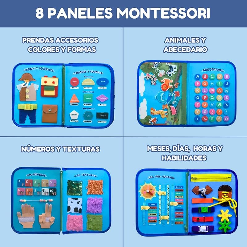 Tabuleiro Ocupado Montessori EM ESPANHOL – 3, 4 e 5 anos, Brinquedo de Viagem Portátil Educativo Sensorial Motricidade Fina e Aprendizagem, Livro de feltro Montessori, Presente para Raparigas e Rapazes