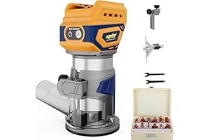 WITLIGHT Cordless Compact Router, Mellif Brushless Palm Router Compatible with DeWalt 20V MAX Battery (Tool Only) 28,000RPM 600W w/Fixed Base, 12PCS 1/4" Router Bits, 5-Speed, Edge & Roller Guides, Dust Hood