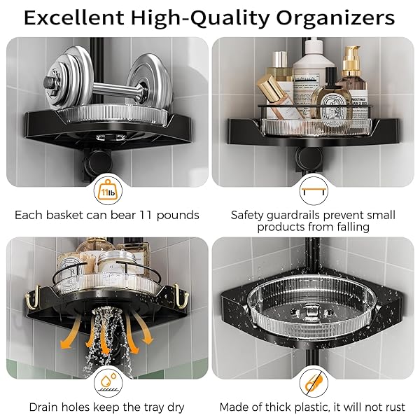 SHUANG QING 360° ROTATING CORNER SHOWER CADDY TENSION POLE ORGANIZER – 4-TIER ADJUSTABLE RUSTPROOF METAL POLE, PLASTIC SHELVES WITH SAFETY GUARDRAIL, BATHROOM STORAGE FOR SHOWER & BATHTUB(BLACK)