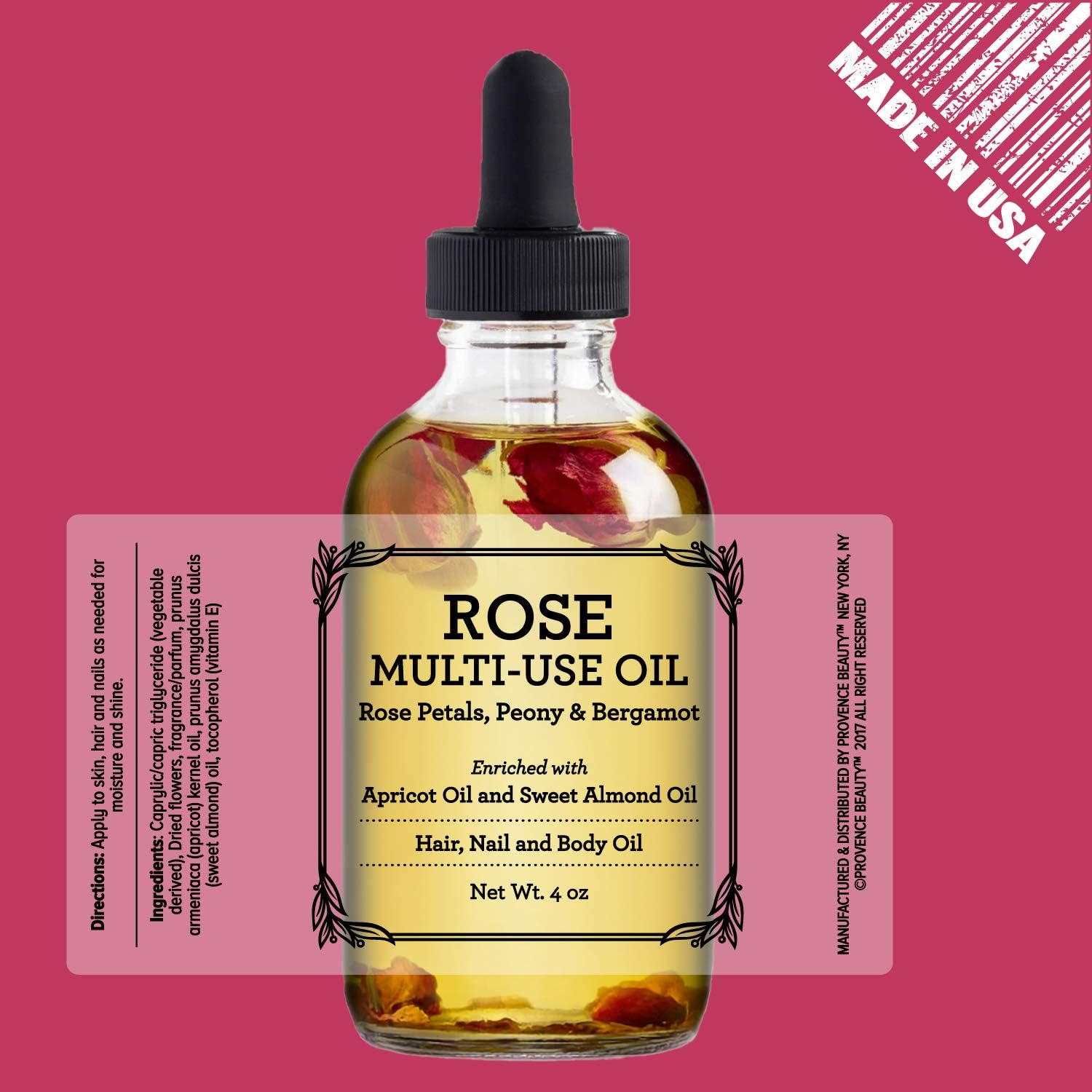 Rose Multi-Use Oil for Face, Body and Hair - Organic Blend of Apricot, Vitamin E and Sweet Almond Oil Moisturizer for Dry Skin, Scalp and Nails - Rose Petals, and Bergamot Essential Oil - 4 Fl Oz : Beauty