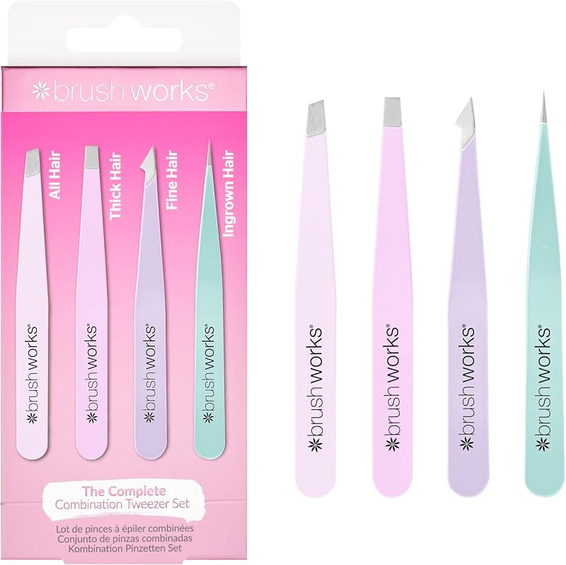 Brushworks HD 4 Piece Combination Tweezer Set Pastels - Stainless Steel