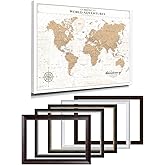 IPIC - Framed Vintage World Map Canvas Wall Art, Personalized Push Pin Travel Map with Name and Message to Track Travels, Oversized Pinnable Wall Decor for Home, Office, Study or RV