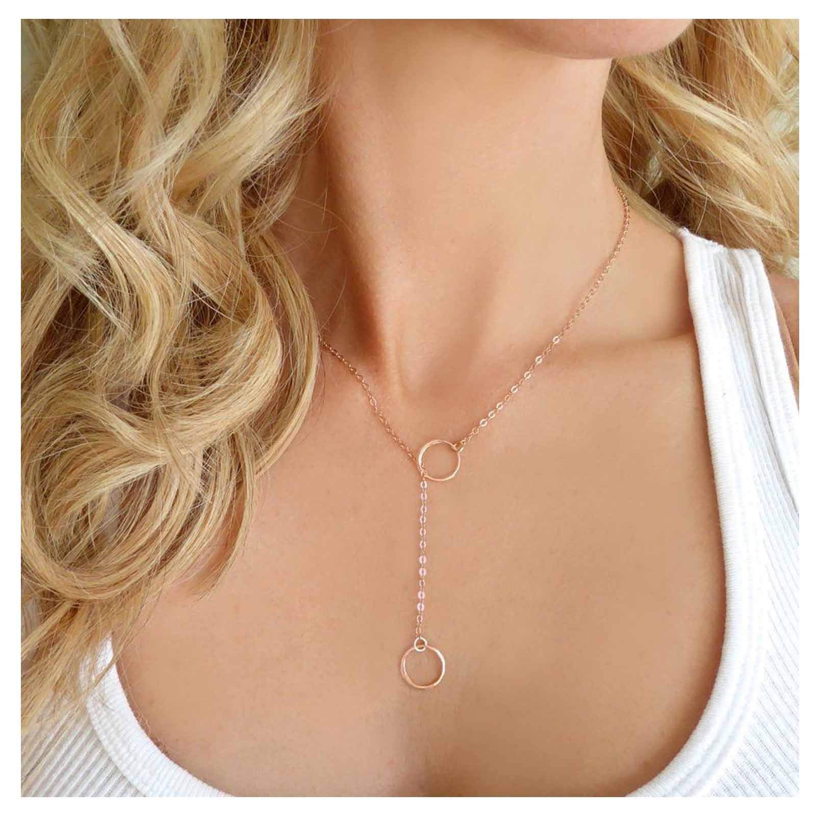 TseenYi Circle Y Drop Chain Necklace Gold Round Karma Pendant Necklace Short Minimalist Lariat Necklaces Choker Jewelry for Women and Girls (Gold)