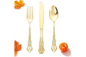 Joyido 90 Pieces Gold Plastic Silverware - Heavy Duty Gold Disposable Utensils - Fancy Plastic Cutlery Set Includes 30 Forks, 30 Spoons, 30 Knives for Dinner Parties Weddings