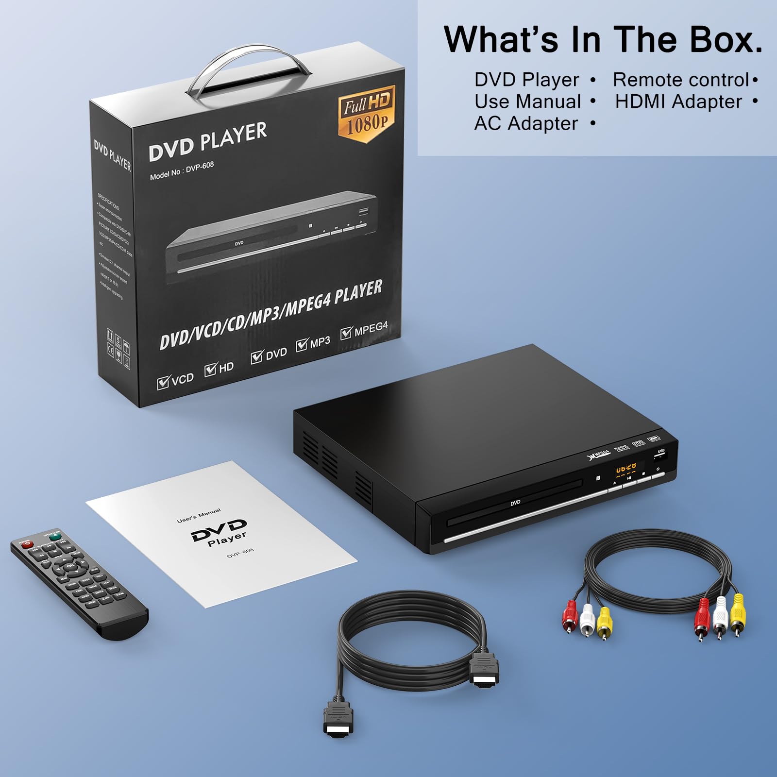 DVD Players for TV with HDMI,Plays All Regions and Formats,CD Player for Home,Support 1080P Video/CD/DVD/VCD/JPEG/USB, Remote, HDMI and RCA Cables Included (Normal Version)