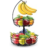 Scnve Fruit Basket - 2 Tier Fruit Bowl with Banana Hanger for Kitchen (Black)
