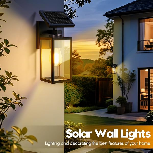 HAMESO 2PACK SOLAR WALL LIGHTS OUTDOOR, ALL-METAL DUSK TO DAWN SOLAR LANTERNS OUTDOOR WATERPROOF, PORCH LIGHTS FOR HOUSE FRONT, GARAGE, PATIO, SHED (BULB INCLUDED)