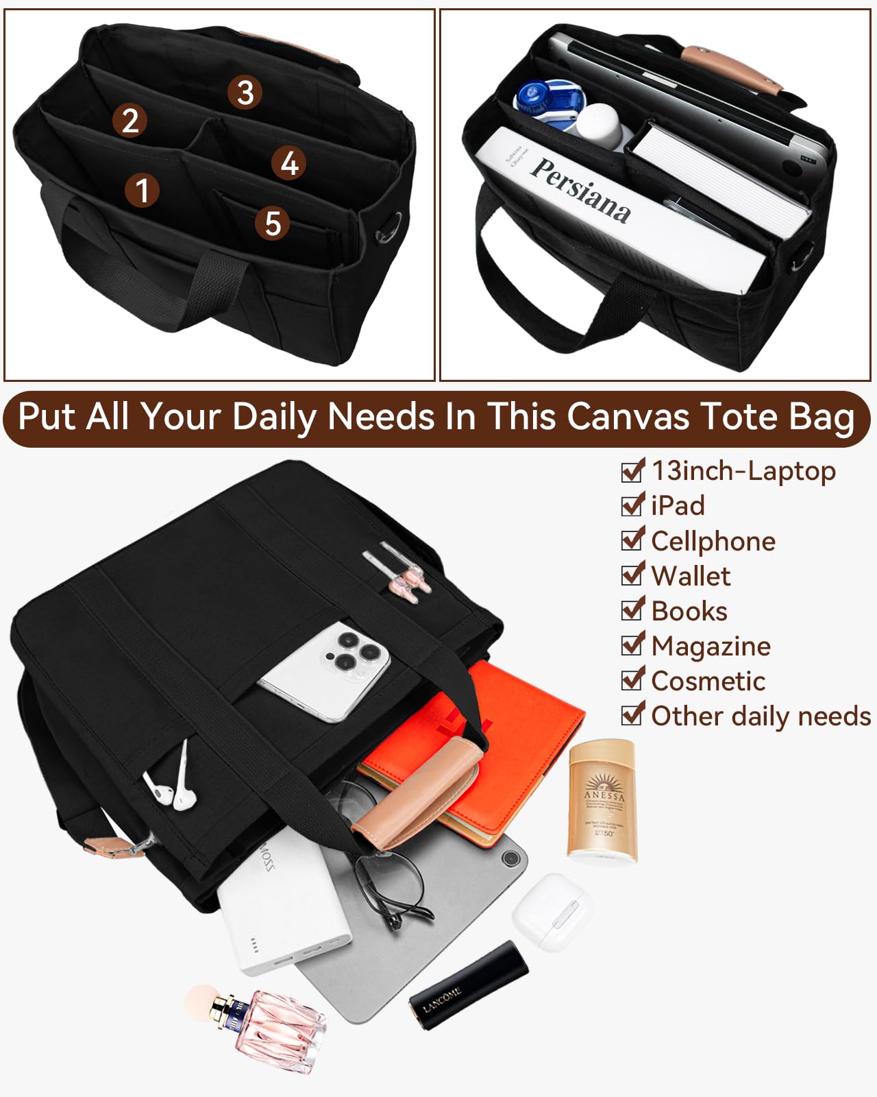 Canvas Tote Bag with Multi-Pocket for Women Large Crossbody Shoulder Handbag Everything Tote Bag with Compartments