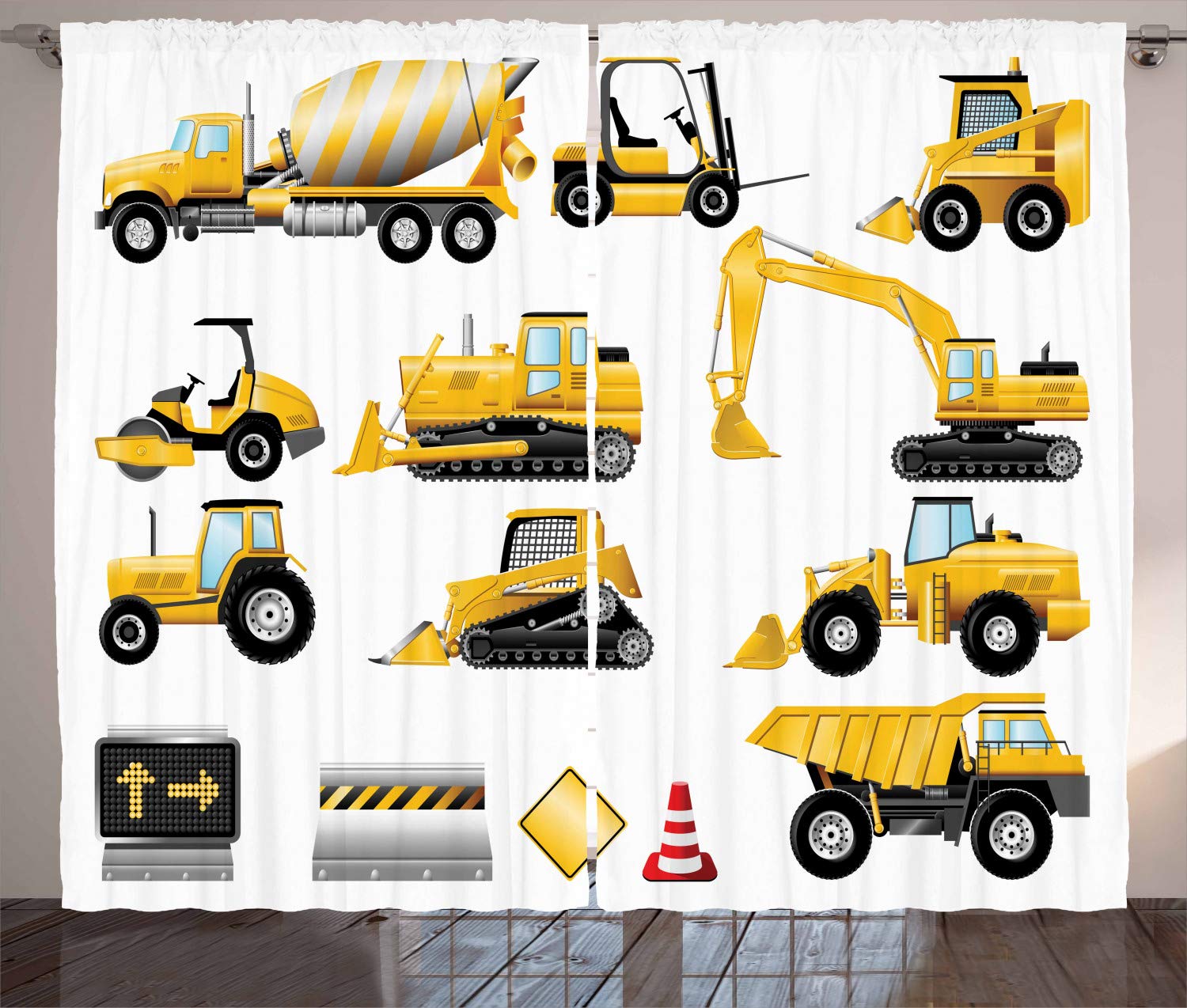 ABAKUHAUS Nursery Curtains, Yellow Color Construction Site Machinery and Signs Cartoon Illustration, Living Room Bedroom Window Drapes 2 Panel Set, 280 x 225 cm, Black Yellow — image 1