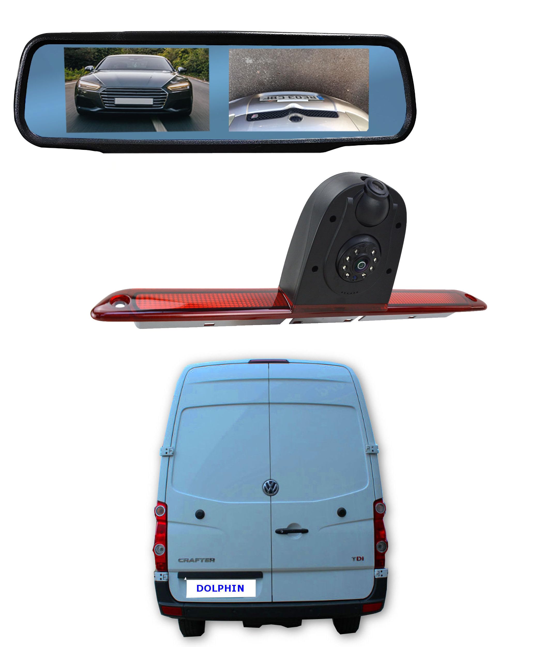 Dolphin Automotive Dual Rear View Parking Reversing Brake Light Camera Fits Mercedes Sprinter Van 2007 Onwards (Camera with 4.3" Dual Mirror Monitor)