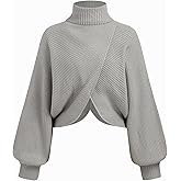 CIDER Cropped Sweaters for Women Turtleneck Sweater Long Sleeve Ribbed Knit Lantern Sleeve Pullover Fall Outfits