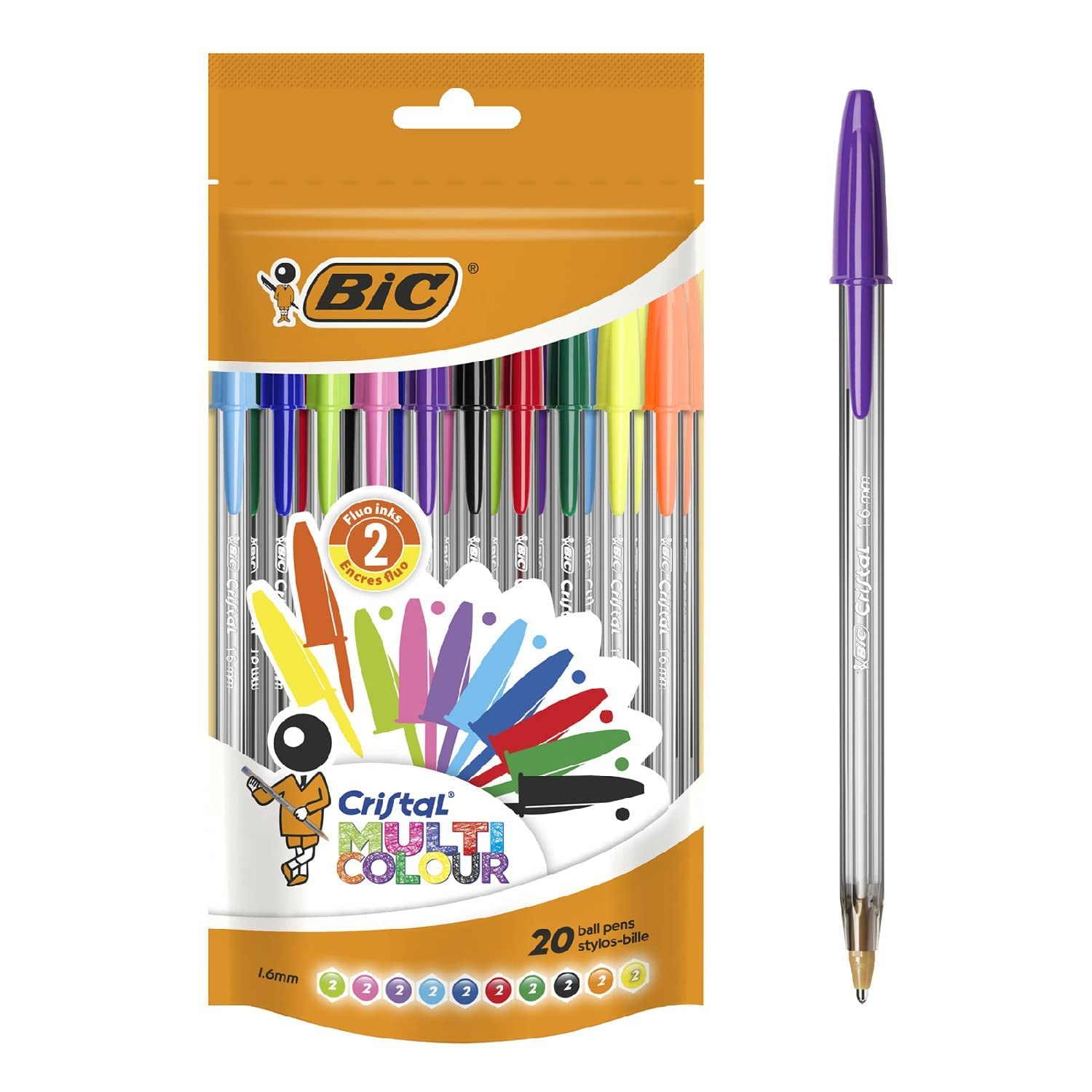 BIC Cristal Multi Colour Ballpoint Pens, Assorted Colors Every-day Biro Pens with Wide Point (1.6 mm), Pack of 20