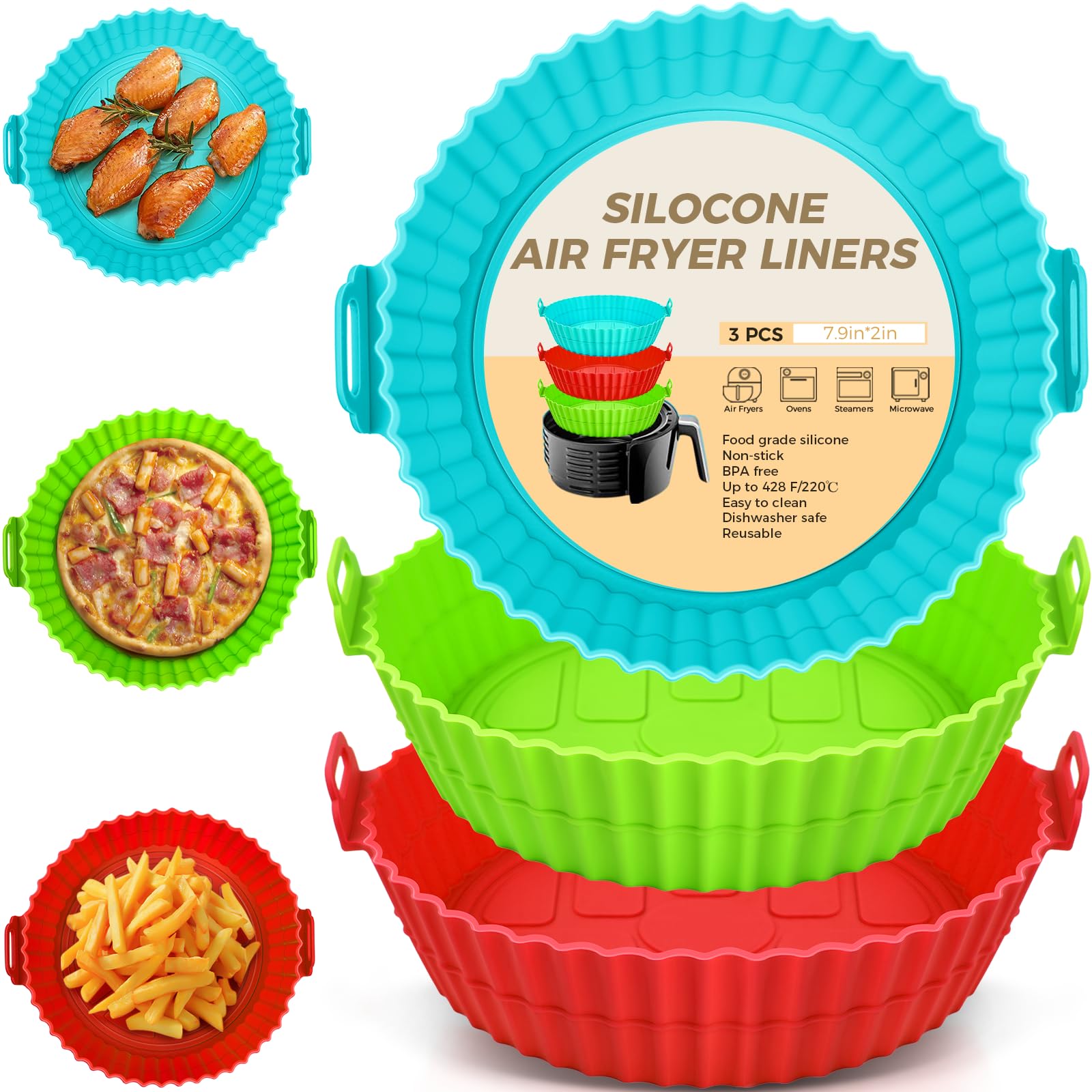 Photo 1 of Buauty 3 Pack Air Fryer Silicone Liners 8inch Air Fryer Silicone Pot Reusable Food Grade Silicone Airfryer Liners Baking Basket Accessories Replacement of Flammable Disposable Parchment Paper