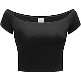 OThread & Co. Women's Off Shoulder Short Sleeve Crop Top Comfy Basic Stretch Layer Shirt