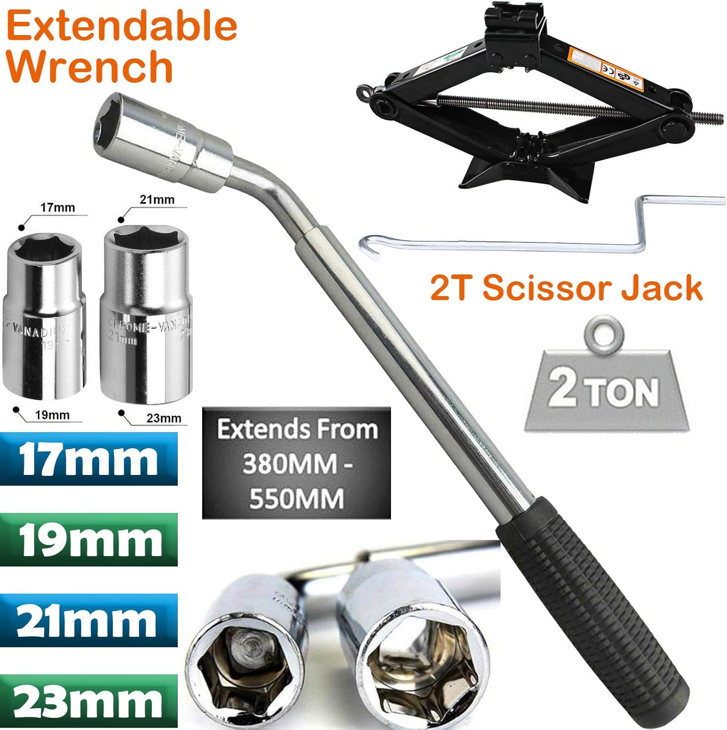 Extendable Telescopic Wheel Lug Nut Wrench Car Van Socket Tyre Nut 4 Sizes 17/19/21