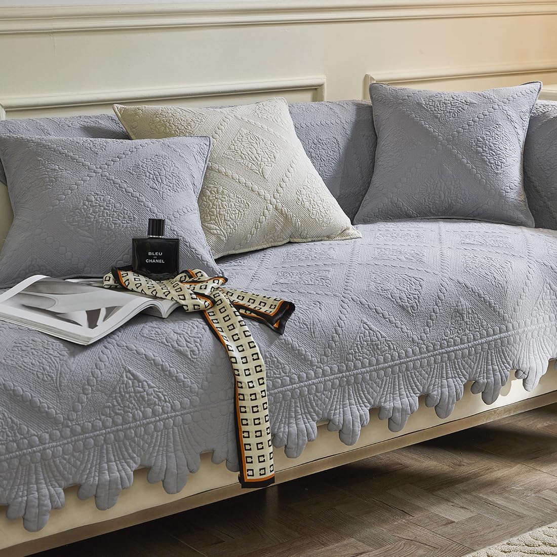 ZIREMQ Thick Funny Fuzzy Sofa Covers 1 2 3 Seater, Non-Slip Sofa Slipcovers Corner L Shape Sofa Cover, Cotton Quilted Universal Sofa Cushion Covers for Living Room Furniture Protector(Grey, 90x240cm)