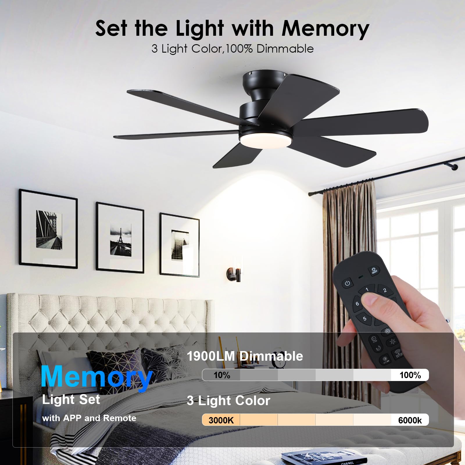 46 inch Ceiling Fans with Lights, Black Ceiling Fan with Remote APP, Dual-Sided Modern/Rustic 6 Blades, Reversible, 3CCT, Flush Mount Low Profile Ceiling Fan with Lights Bedroom Kitchen Indoor