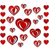 NOVWANG 36Pcs 3D Heart Hanging Decorations, Red Cardboard Hearts with 4pcs Heart Garland, Valentine's Day Hanging Hearts Decor for Party Wedding Anniversary Indoor Outdoor
