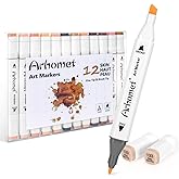 Arhomet 12pcs Skin Tone Alcohol Markers Set, Light Skin Dark Skin Dual Tip Alcohol Based Art Drawing Permanent Markers for Adult Artists.