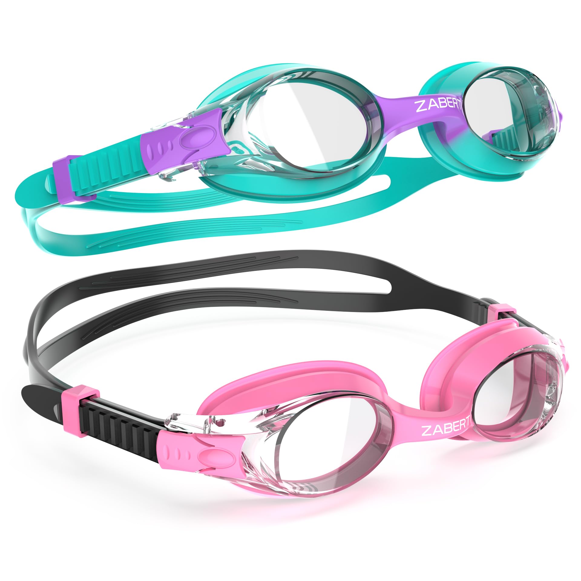 ZABERT 2 Pack K20 Girls Kids Swimming Goggles,Swim Goggles for Girls Toddler Youth Junior Jr Childrens Child Little Baby Age 3 4 5 6 7 8 9 10 Years Anti Fog Teal Purple Black Pink