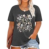 Plus Size Tshirts for Women Graphic Tees Vintage Flower Casual T Shirt Short Sleeve Top Loose Fit Tee
