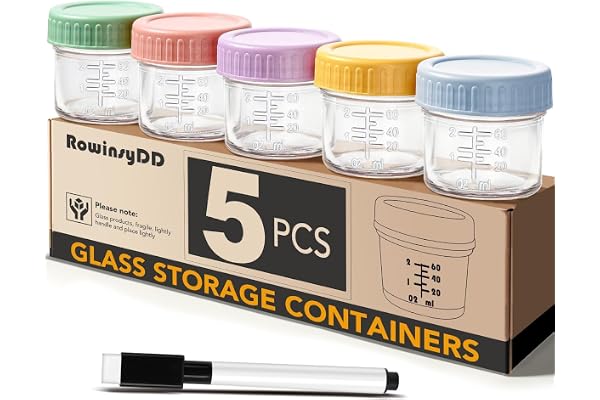 RowinsyDD 5 Pack Glass Baby Food Storage Containers, 4 oz Leakproof Baby Food Jars with Lids, Small Glass Food Containers for Infant Baby, Freezer & Microwave Safe, BPA Free