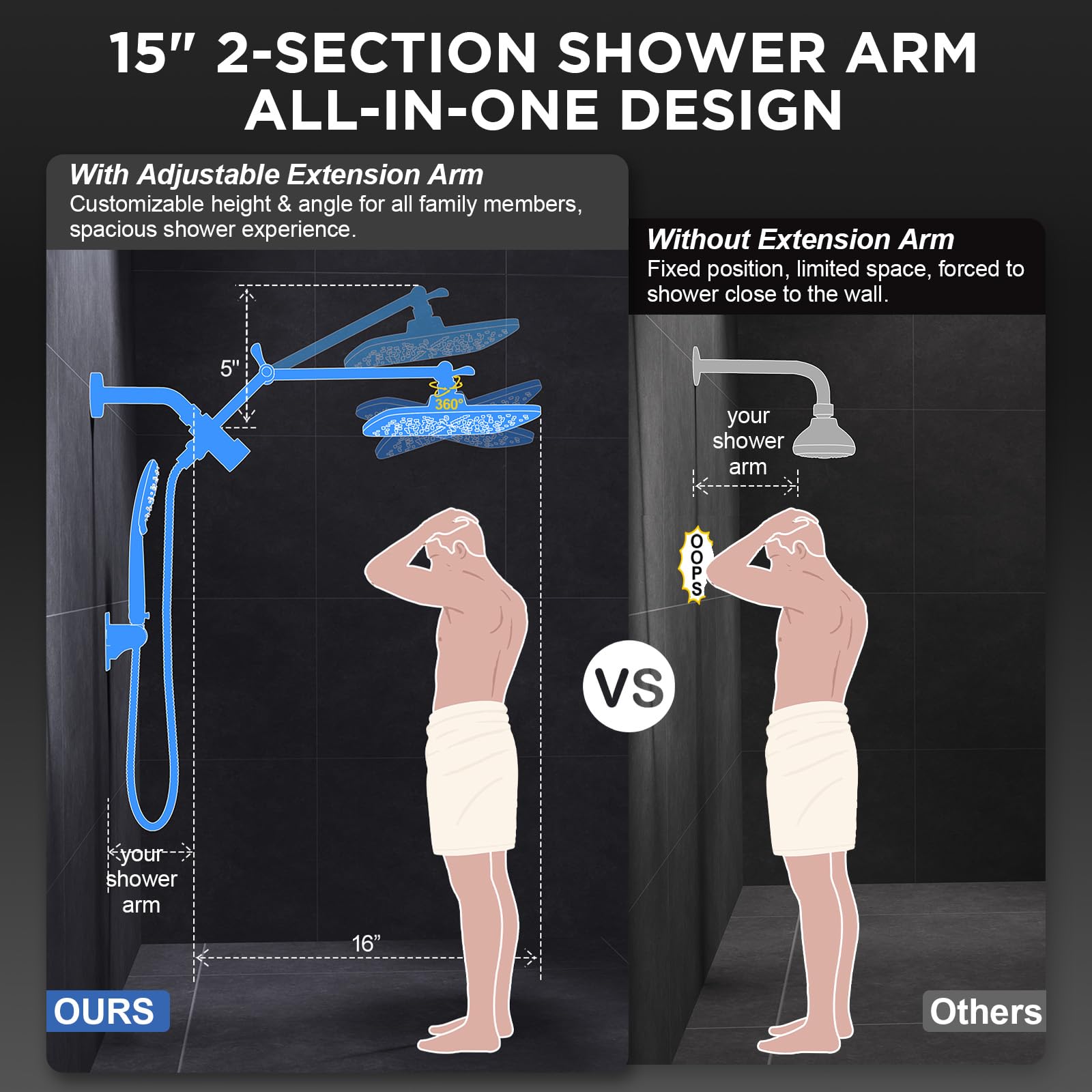Veken Wide Rain Shower Head with Handheld, High Pressure Rainfall Showerhead Combo with Arm for Bathroom Accessories, Home Decor, Detachable Dual Shower with Multi Modes Handheld Spray, Silver Chrome