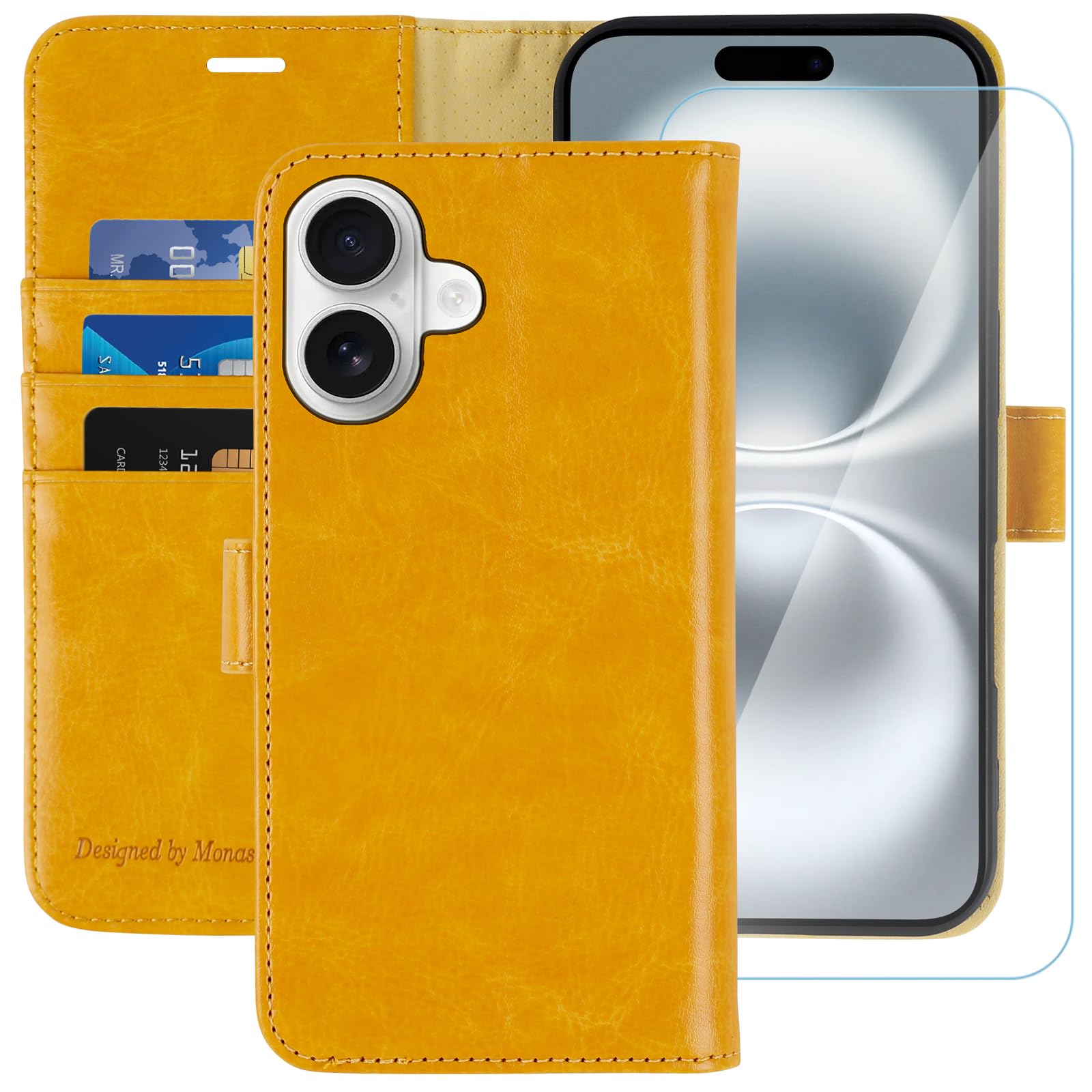 MONASAY for iPhone 16 Plus 5G Wallet Case, 6.7-inch [Glass Screen Protector Included] [RFID Blocking] Flip Folio Leather Cell Phone Cover with Credit Card Holder, Yellow