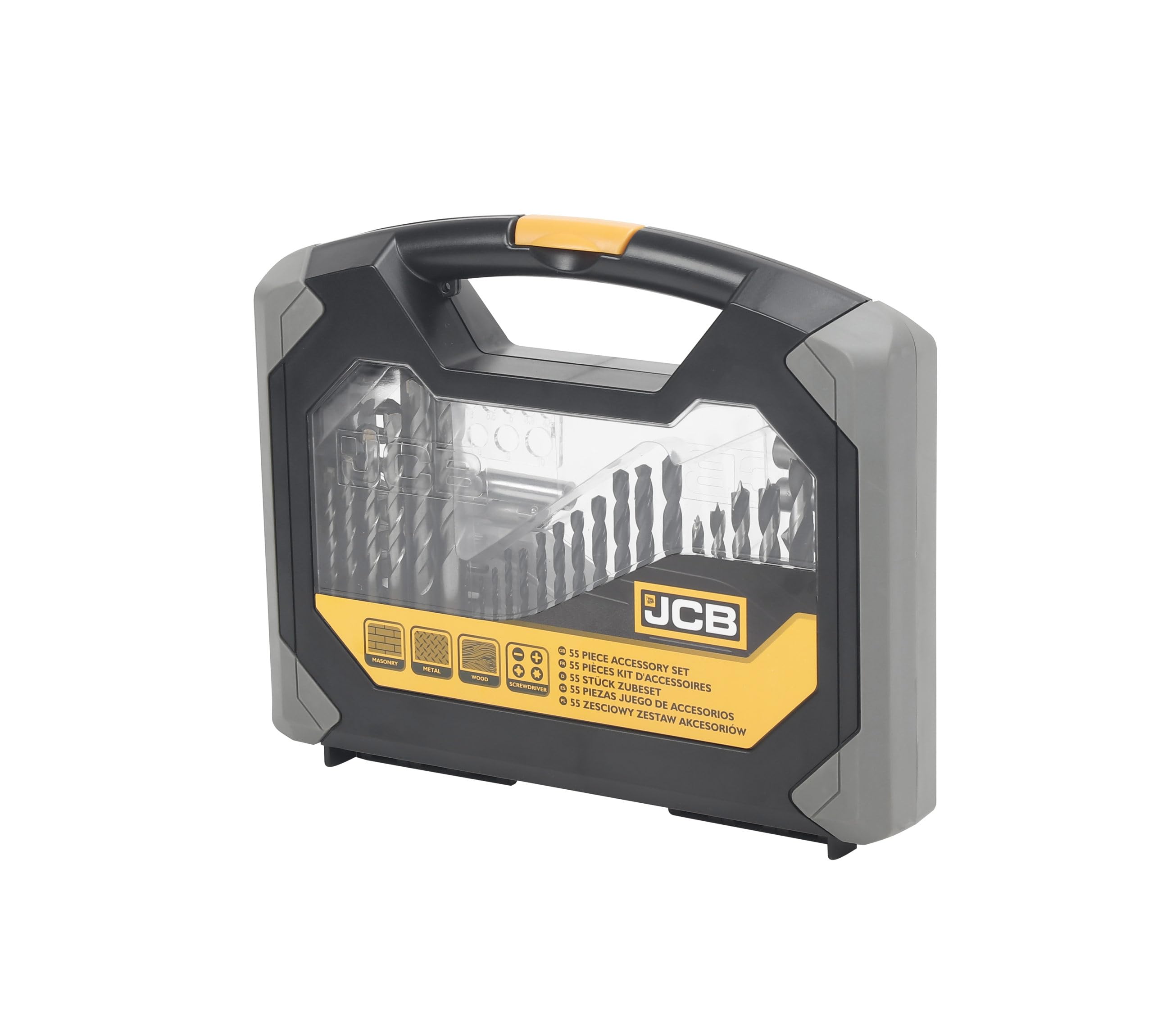 JCB - Combination Drill and Bit Set - 55 Piece Accessory Set - Selection of HSS Masonry and Wood Drill Screwdriver Bits & Nut Sockets - Presented in a Durable Folding Carry Case
