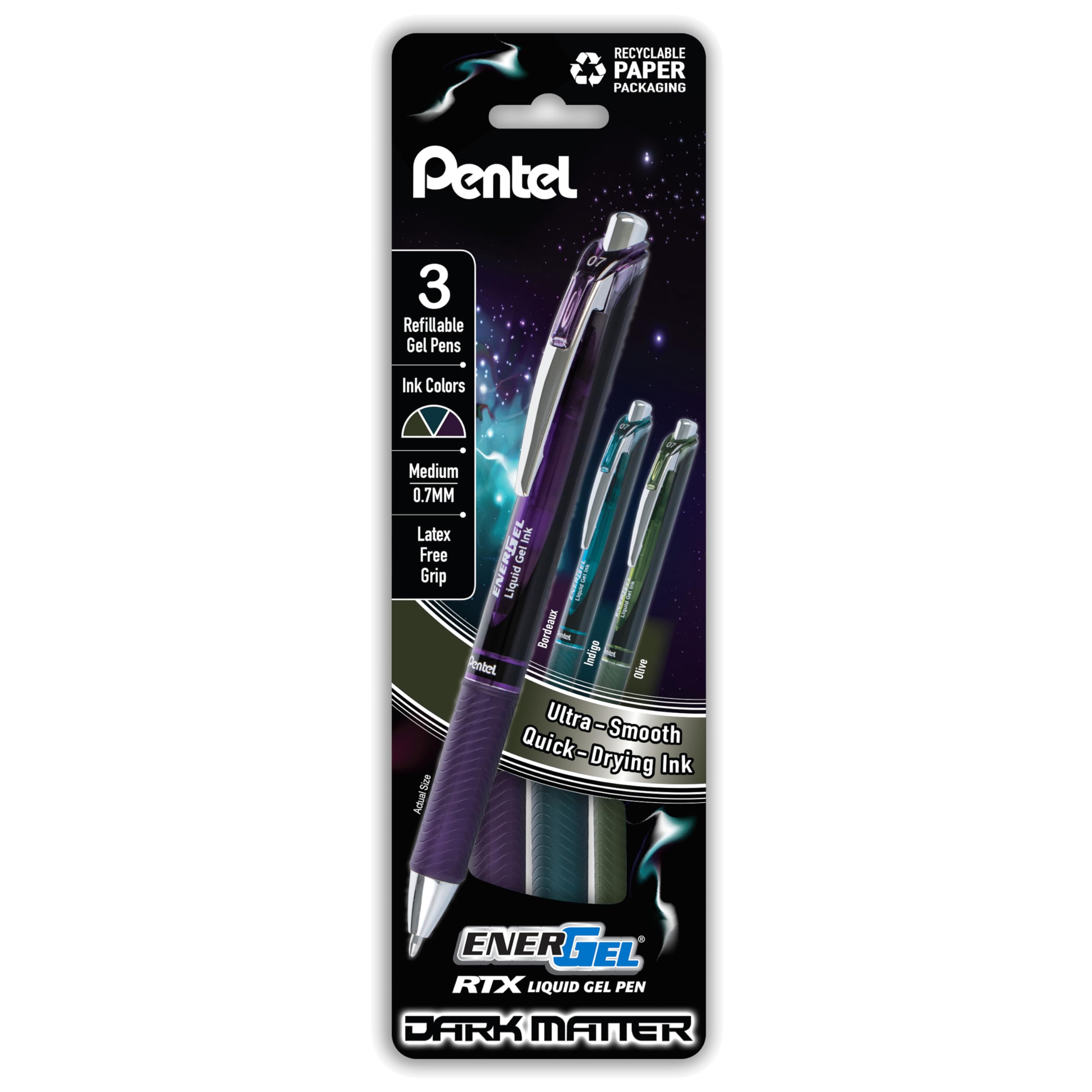 Photo 1 of Pentel EnerGel RTX Dark Matter Liquid Gel Pen, (0.7mm), Assorted Dark Ink Colors, Pack of 3 (BL77DMPF3M)