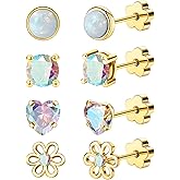 EQFE 4Pairs Hypoallergenic Screw Back Earrings for Women 14k Gold Surgical Steel Flat Back Earrings Opal CZ Flower Heart Cartilage Earring for Sensitive Skin 20G Handmade Nap Flatback Earrings Studs