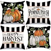 GEEORY Fall Happy Harvest Pumpkin Patch Throw Pillow Covers 18x18 Set of 4 | Black Polka Dots, Seasonal Autumn Thanksgiving,Holiday Decorative Farmhouse Cushion Cases, Sofa Couch