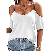 Eachyes Womens Summer Cold Shoulder Tops Low Back Short Sleeve V Neck T Shirts Sexy Casual