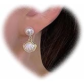W WEILIRIAN Bohemian Pearl Earrings Shell Dangle Earrings Cowrie Seashell Earrings Pearl Stud Earrings White Shell Drop Earrings Jewelry for Women