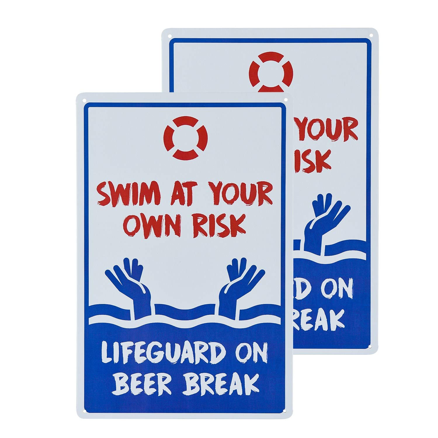 不适用 2 Pack Swimming Pool Sign, Swim at Your Own Risk Life Guard on Beer Break, 18x12 UV Printed, Easy to Mount