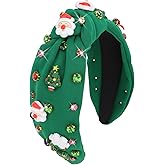 AMCAMI Christmas Headbands for Women Green Knotted Embellished Crystal Headband Top Knot Jeweled Wide Hair Bands Christmas Hair Accessories Christmas Family Outfits Gifts
