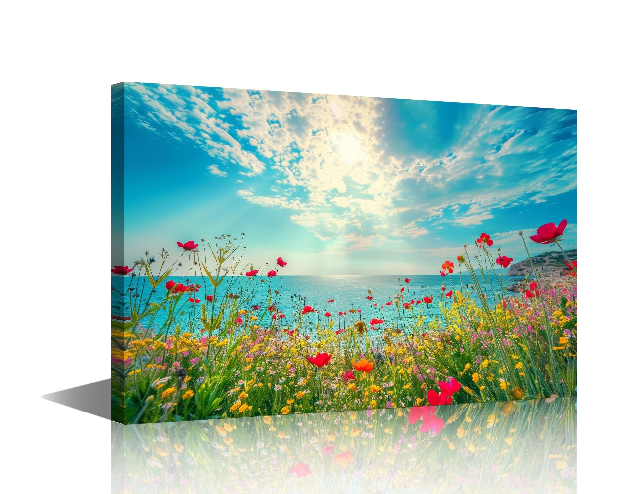 TISHIRON Framed Wall Art Natural Beauty of the Sea Painting Canvas Wall Art Summer Beach Flowers Posters Wall Decor for Bedroom Home Decor Giclee Print Gallery Packaging Artwork 16" Wx24 H