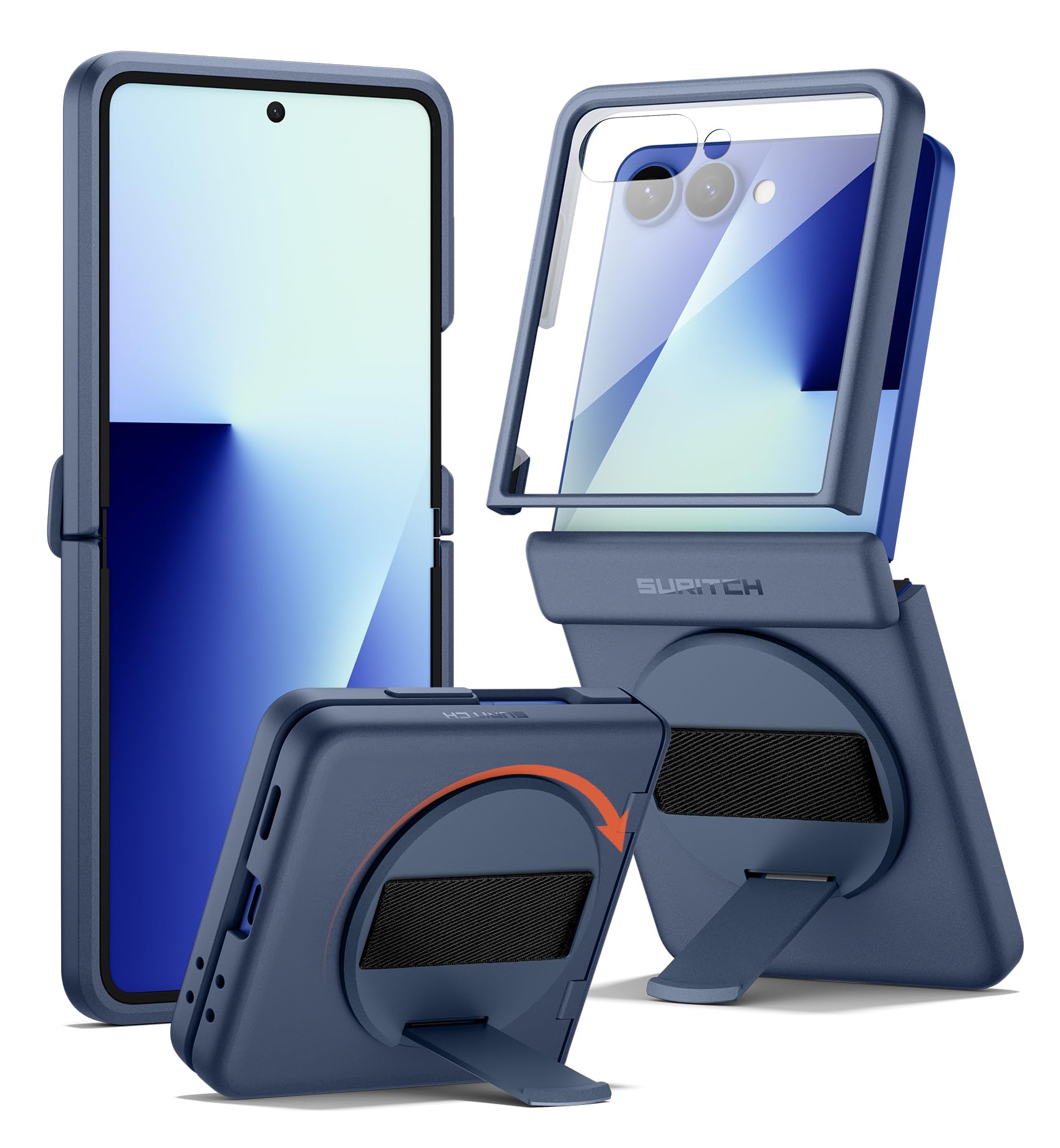 SURITCH for Samsung Galaxy Z Flip7 Case with 360° Rotatable Hand Strap Phone Grip Holder & Invisible Kickstand & Screen Protector, Protective Cover for Flip 7 -Dark Blue