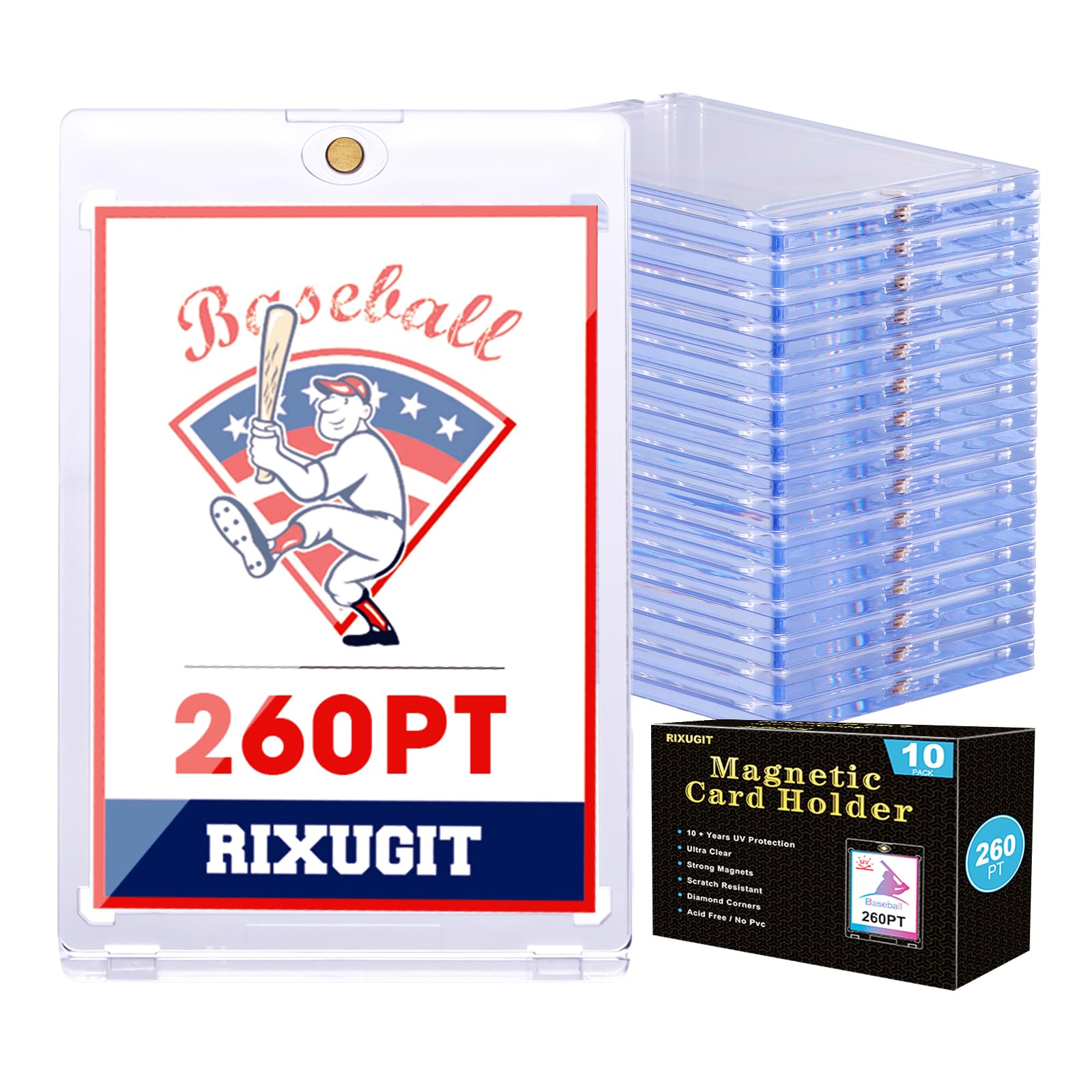 Photo 1 of 10-Pack Magnetic Card Holders - 260pt One Touch Card Holder, U-V Protection Hard Plastic Case for Thick Trading Cards, Display Case for Sports, Baseball, Football, Game Cards