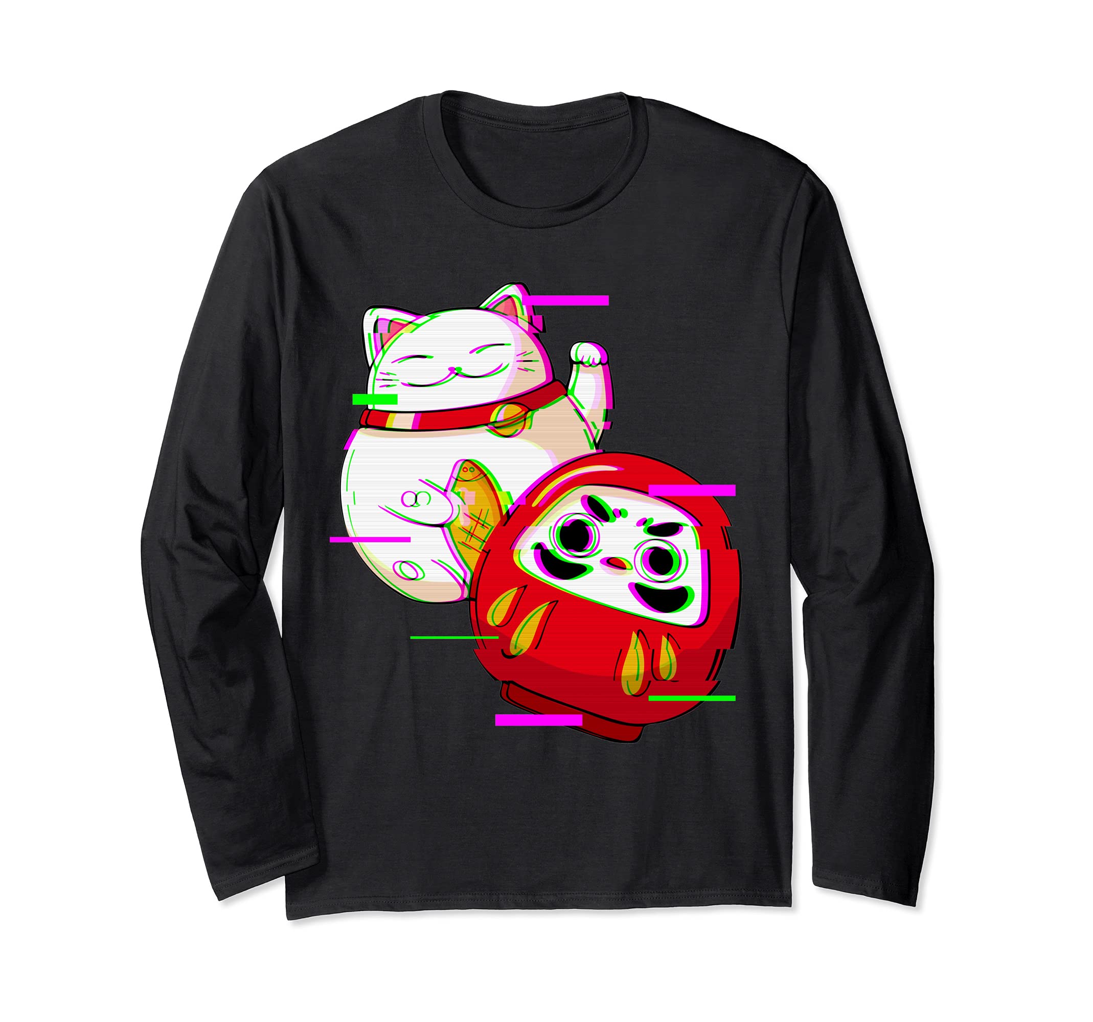 Vaporwave Maneki Neko Lucky Cat Kawaii Japanese Daruma Doll Long Sleeve T-Shirt