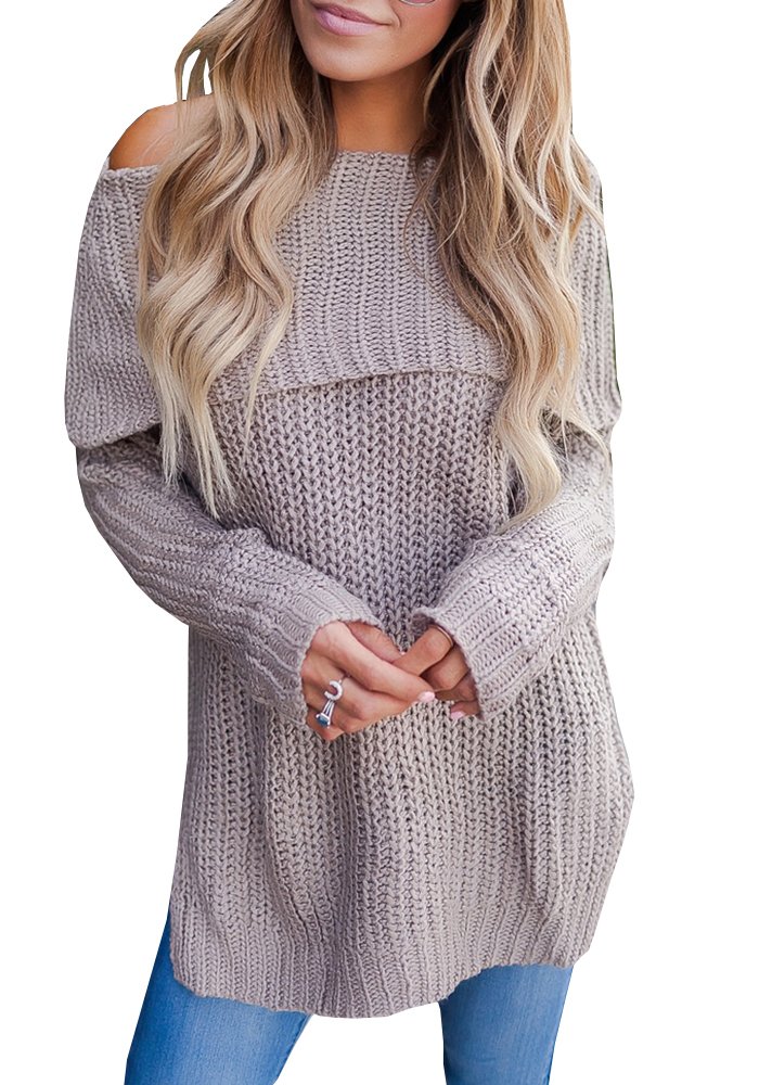 Geckatte Womens Off The Shoulder Sweaters Loose Knit Jumper Long Sleeve Pullober Sweater Tops