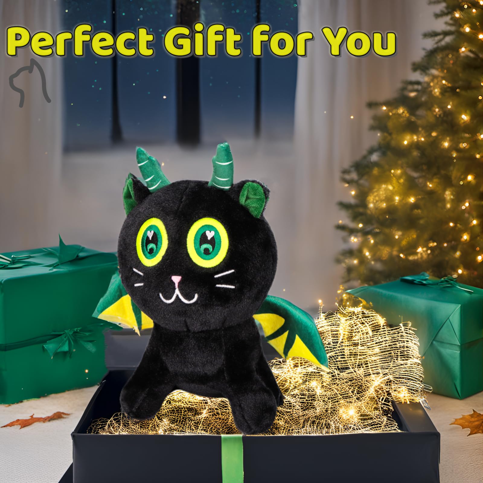 Emoin Black Cat Plush Toy Cute Cat Easter Stuffed Animal with Dinosaur Wings 8.7'' Soft Stuffed Kitten Plushie Doll Cat Plush Easter Gift for Baby Boy Girls