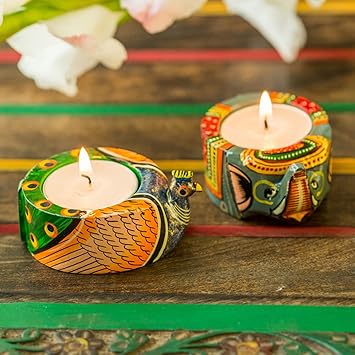 ExclusiveLane Elephant and Peacock Wooden Tea Light Holder (7.9 cm x 7.9 cm x 3.6 cm, Set of 2)