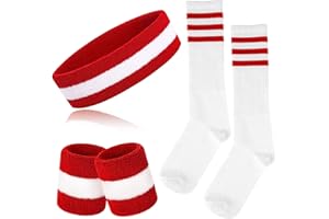 5 Pieces Striped Sweatbands and Socks Set Sports Striped Headband Wristbands Sweatbands Striped High Sock for Men Women Sport