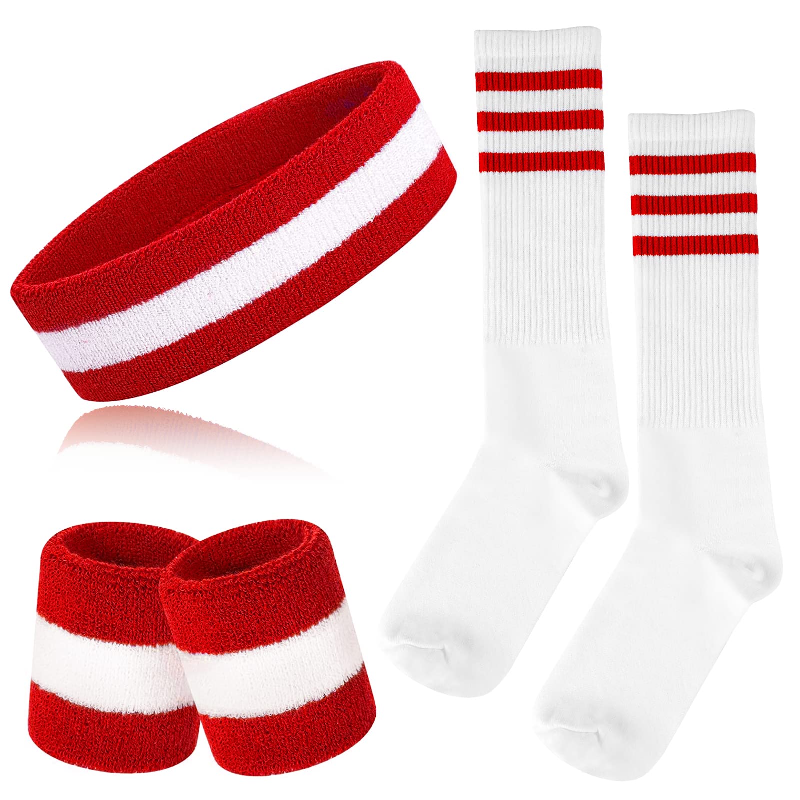 ONUPGO 5 Pieces Striped Sweatbands and Socks Set Sports Striped Headband Wristbands Sweatbands Striped High Sock for Men Women Sports and 80s Party (Red/White/Red) — image 1