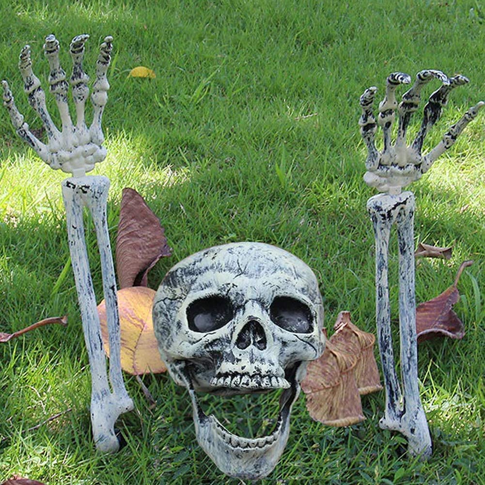 Zemolo 3Pcs Halloween Skeleton Decorations Skull Spooky Hand and Head Set Scary Plastic Skull Skeleton Decors Realistic Bones for Indoor Outdoor Halloween Party Props Haunted House