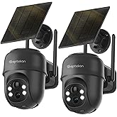 Septekon 2K Solar Security Cameras Wireless Outdoor 2 Pack, 360°PTZ Battery Powered Outdoor Camera, 2.4G WiFi Camera with Spotlight Color Night Vision, Motion Sensor Alarm, IP66, Black